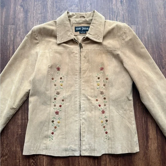 Vintage Me Jane Tan Suede Leather Jacket Floral Embroidered Boho Western Y2K- L - Picture 2 of 9